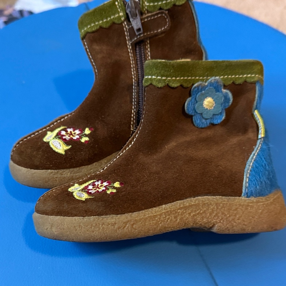 Oilily Brown and Green Kids Boots with Floral Embroidery